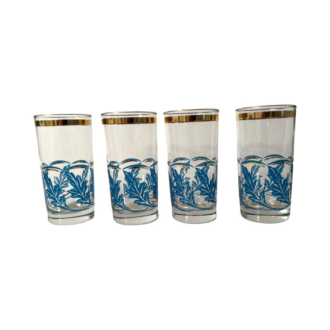 Libbey Mid-Century Blue and Gold Falling Leaves Glasses (Set of 4)