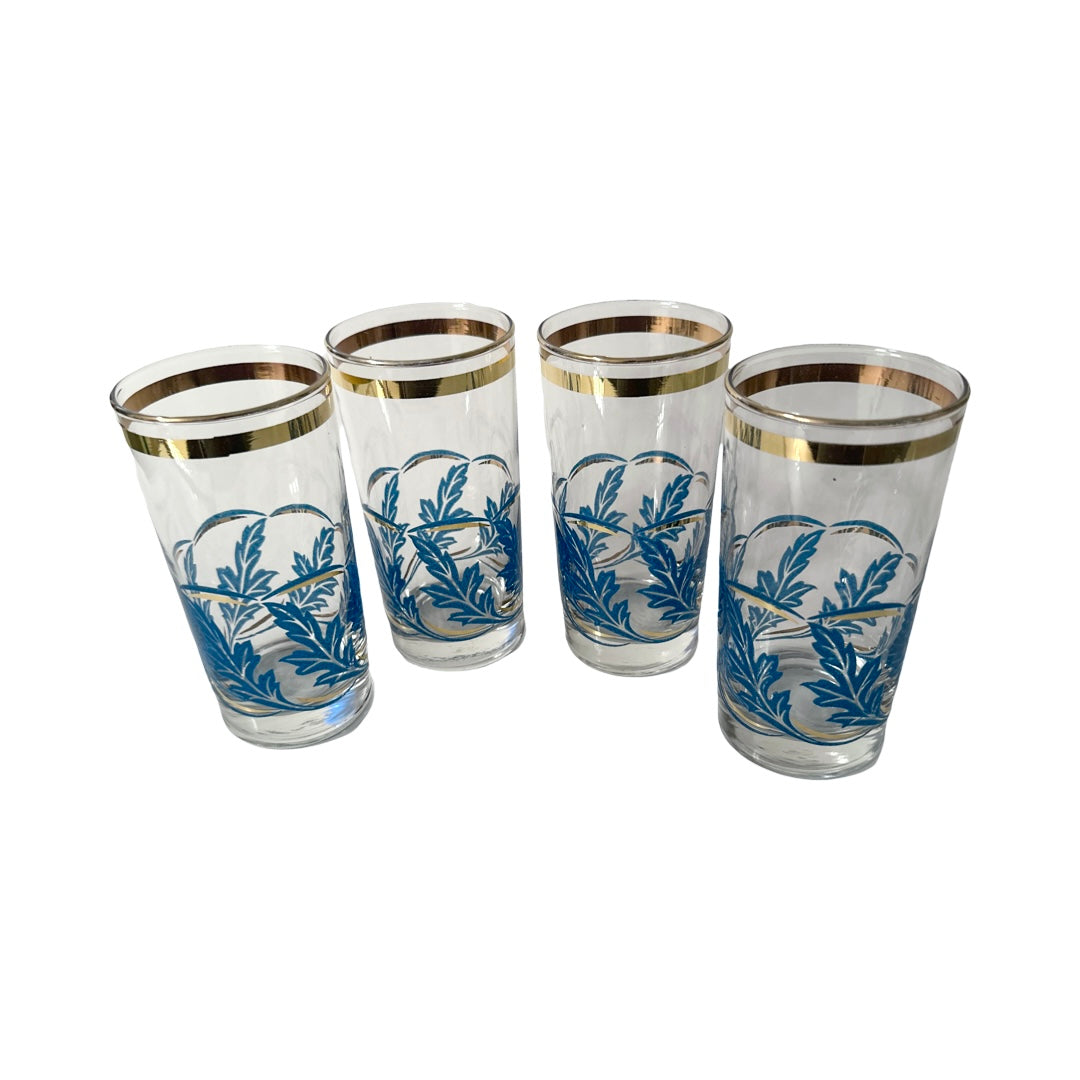 Libbey Mid-Century Blue and Gold Falling Leaves Glasses (Set of 4)