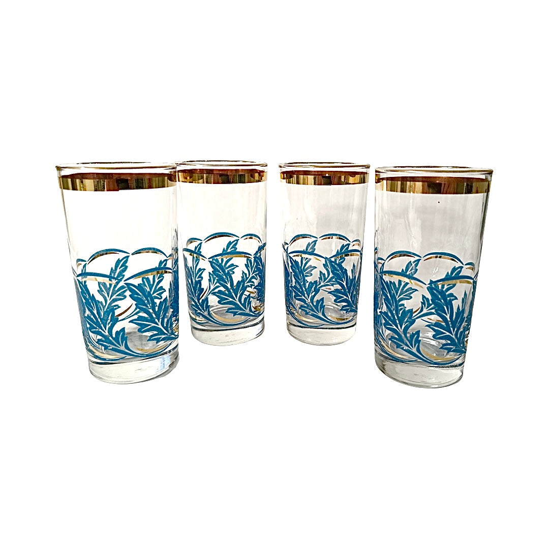 Libbey Mid-Century Blue and Gold Falling Leaves Glasses (Set of 4)