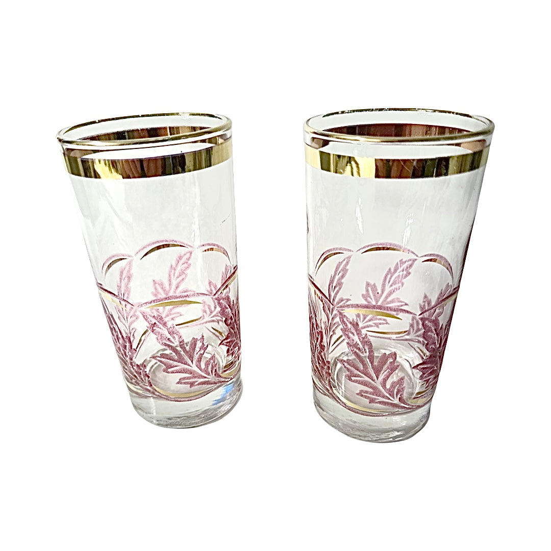 Libbey Mid-Century Pink and Gold Falling Leaves Glasses (Set of 2)