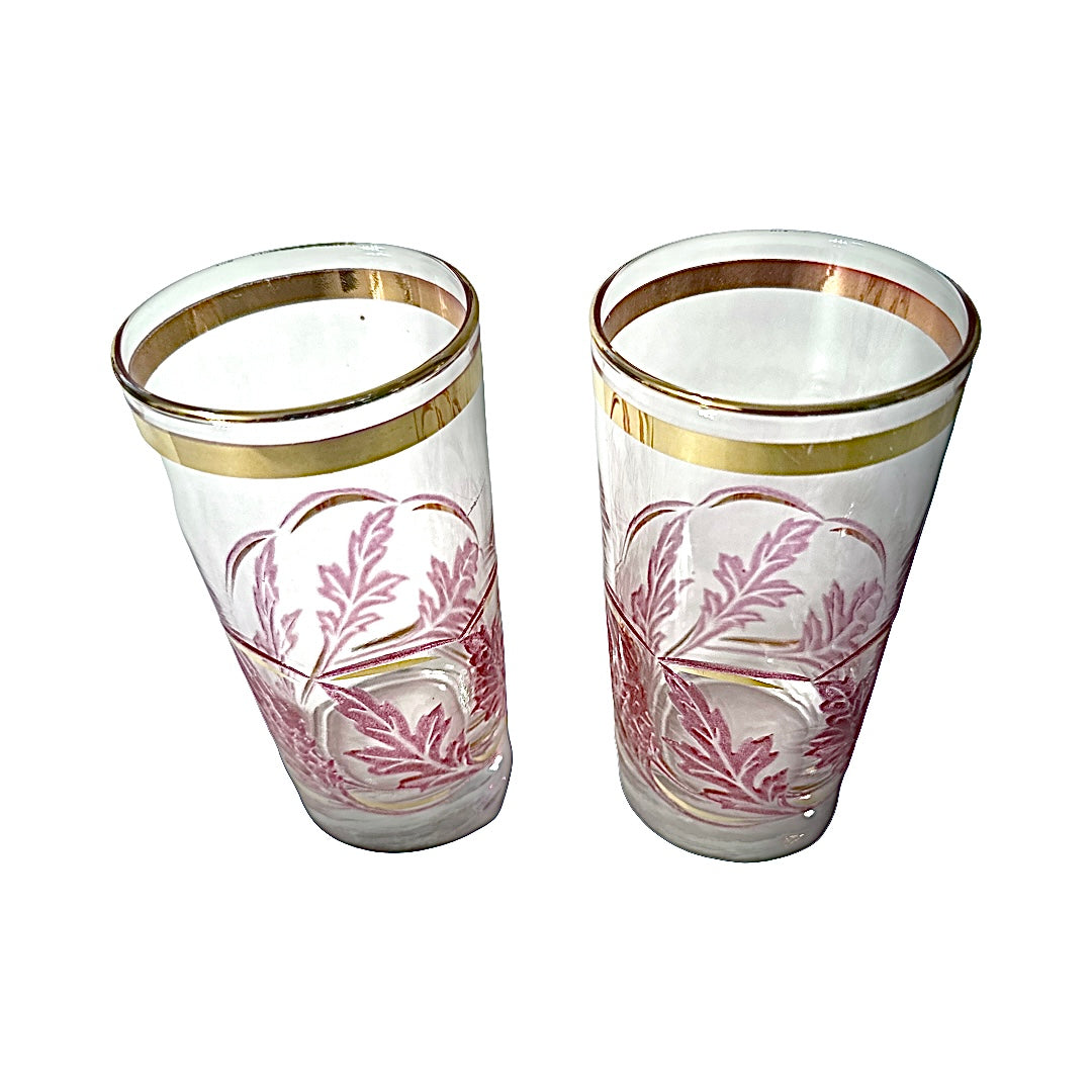 Libbey Mid-Century Pink and Gold Falling Leaves Glasses (Set of 2)
